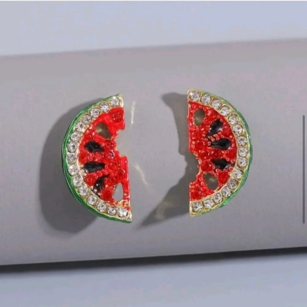 2/$30🌵 Watermelon Slice Fruit Rhinestone Pave Stud Summer Small Dainty Earrings